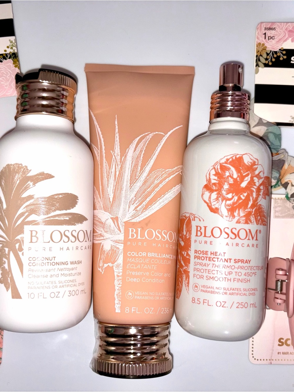 6PC Blossom & Scunci Hair Bundle: conditioning Wash+Mask+Heat Spray+ 3 Scuncii